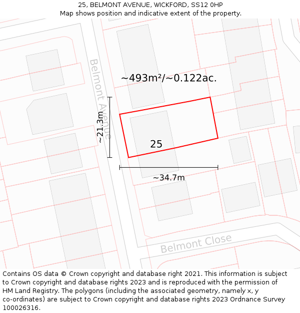 25, BELMONT AVENUE, WICKFORD, SS12 0HP: Plot and title map