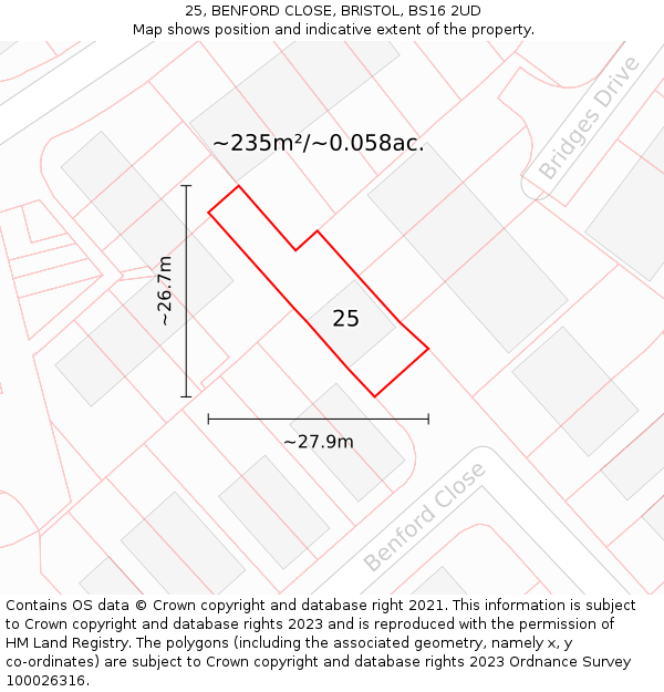 25, BENFORD CLOSE, BRISTOL, BS16 2UD: Plot and title map