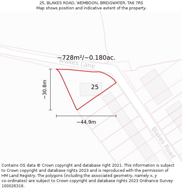 25, BLAKES ROAD, WEMBDON, BRIDGWATER, TA6 7RS: Plot and title map