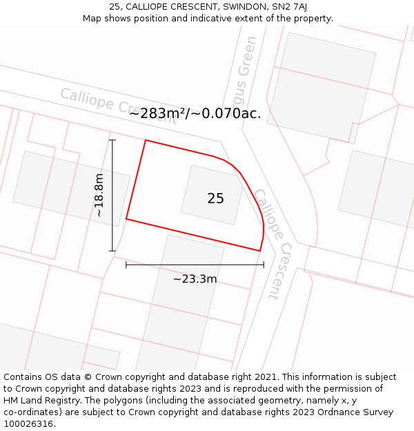 25, CALLIOPE CRESCENT, SWINDON, SN2 7AJ: Plot and title map