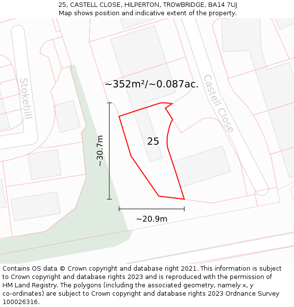 25, CASTELL CLOSE, HILPERTON, TROWBRIDGE, BA14 7UJ: Plot and title map