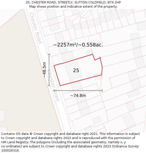 25, CHESTER ROAD, STREETLY, SUTTON COLDFIELD, B74 2HP: Plot and title map