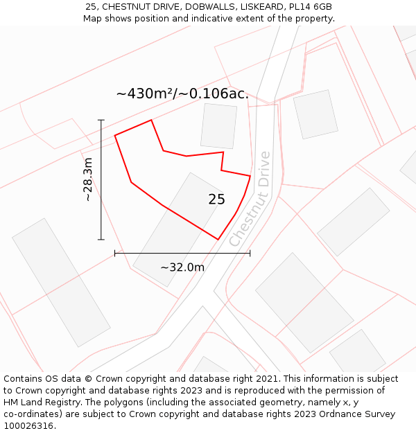 25, CHESTNUT DRIVE, DOBWALLS, LISKEARD, PL14 6GB: Plot and title map