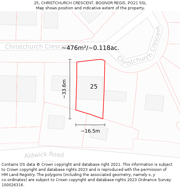 25, CHRISTCHURCH CRESCENT, BOGNOR REGIS, PO21 5SL: Plot and title map