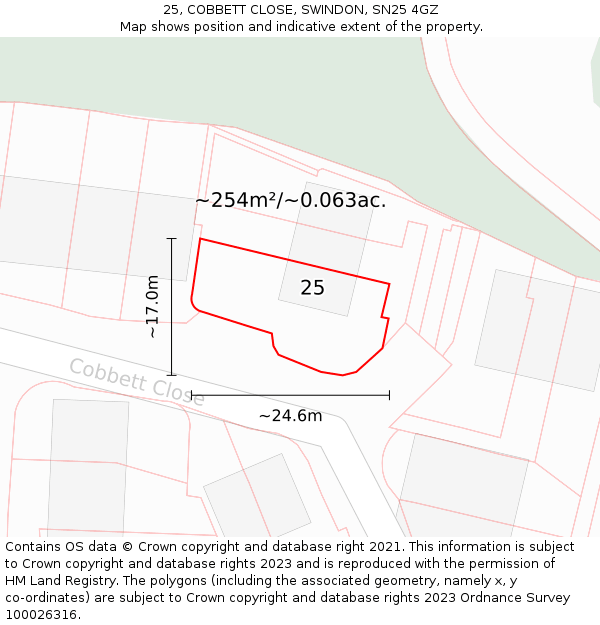 25, COBBETT CLOSE, SWINDON, SN25 4GZ: Plot and title map