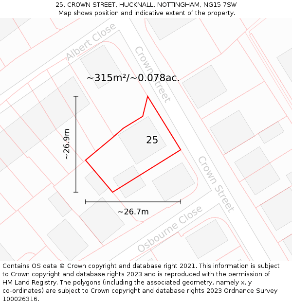 25, CROWN STREET, HUCKNALL, NOTTINGHAM, NG15 7SW: Plot and title map