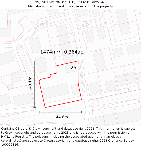 25, DALLINGTON AVENUE, LEYLAND, PR25 5AH: Plot and title map