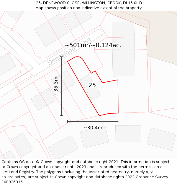 25, DENEWOOD CLOSE, WILLINGTON, CROOK, DL15 0HB: Plot and title map