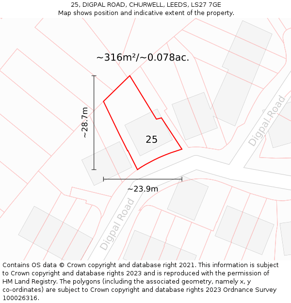 25, DIGPAL ROAD, CHURWELL, LEEDS, LS27 7GE: Plot and title map