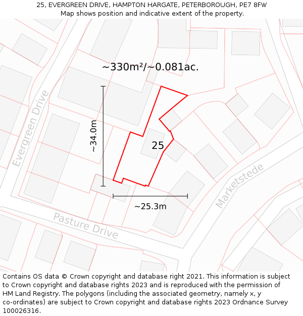 25, EVERGREEN DRIVE, HAMPTON HARGATE, PETERBOROUGH, PE7 8FW: Plot and title map