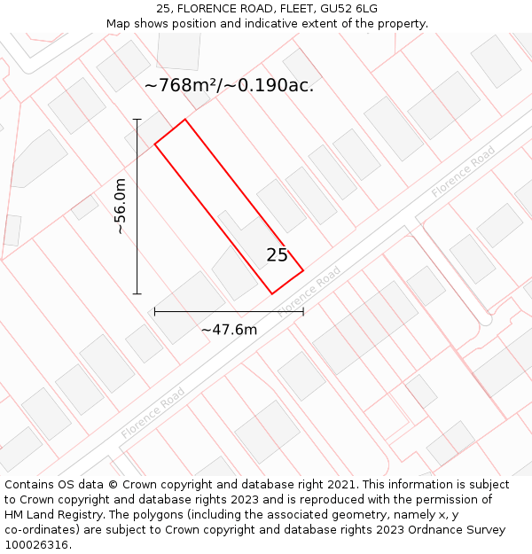 25, FLORENCE ROAD, FLEET, GU52 6LG: Plot and title map