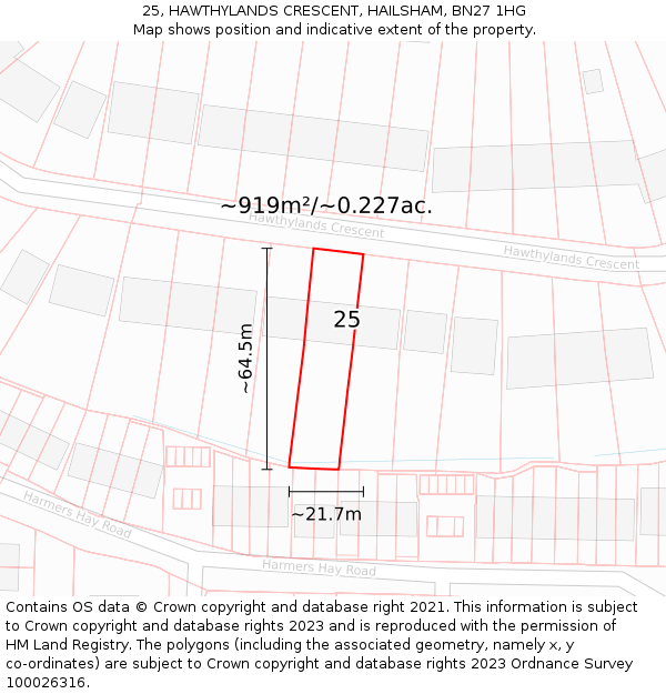 25, HAWTHYLANDS CRESCENT, HAILSHAM, BN27 1HG: Plot and title map