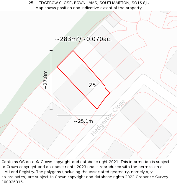 25, HEDGEROW CLOSE, ROWNHAMS, SOUTHAMPTON, SO16 8JU: Plot and title map