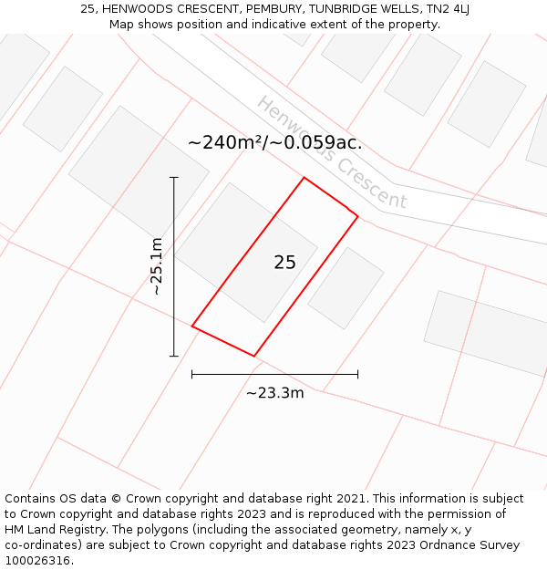 25, HENWOODS CRESCENT, PEMBURY, TUNBRIDGE WELLS, TN2 4LJ: Plot and title map