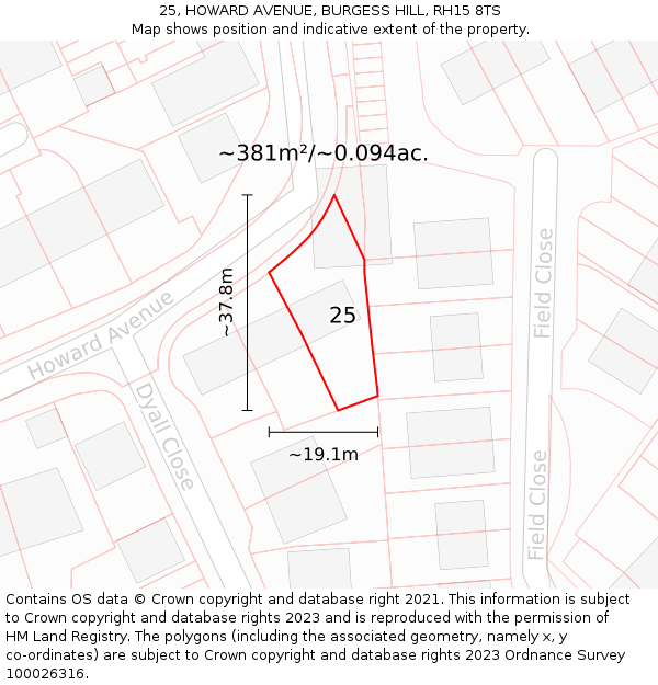 25, HOWARD AVENUE, BURGESS HILL, RH15 8TS: Plot and title map