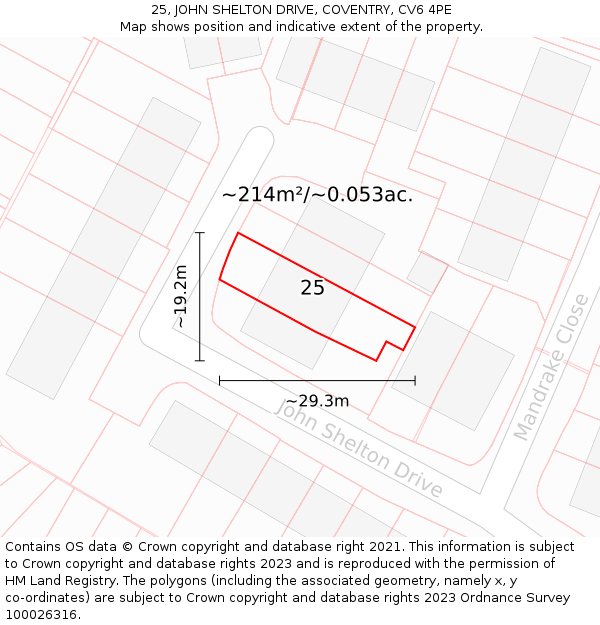 25, JOHN SHELTON DRIVE, COVENTRY, CV6 4PE: Plot and title map