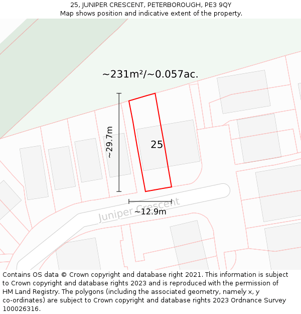 25, JUNIPER CRESCENT, PETERBOROUGH, PE3 9QY: Plot and title map