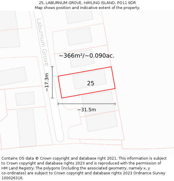 25, LABURNUM GROVE, HAYLING ISLAND, PO11 9DR: Plot and title map