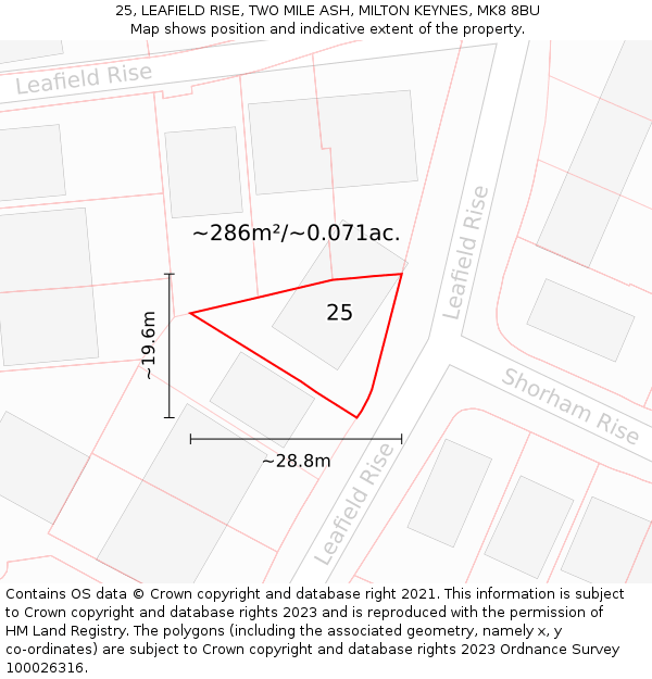 25, LEAFIELD RISE, TWO MILE ASH, MILTON KEYNES, MK8 8BU: Plot and title map