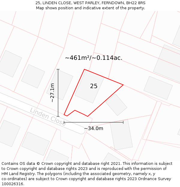 25, LINDEN CLOSE, WEST PARLEY, FERNDOWN, BH22 8RS: Plot and title map