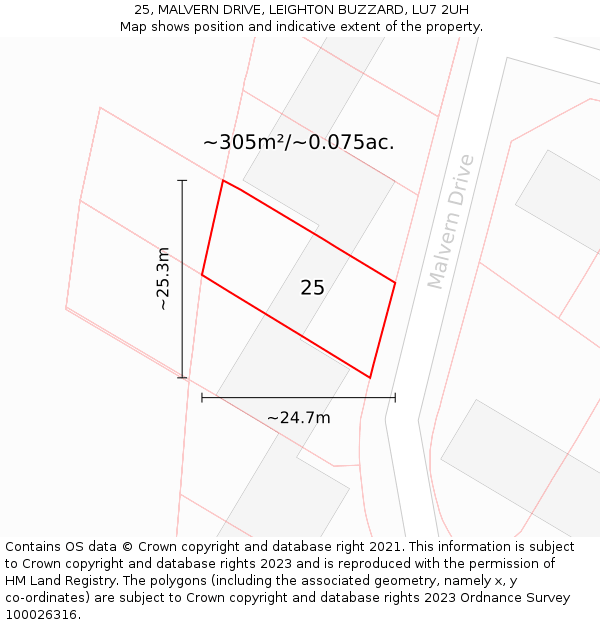 25, MALVERN DRIVE, LEIGHTON BUZZARD, LU7 2UH: Plot and title map