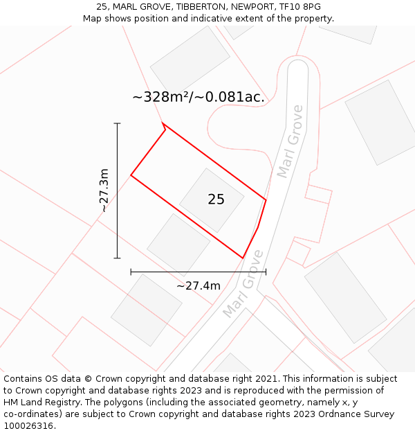 25, MARL GROVE, TIBBERTON, NEWPORT, TF10 8PG: Plot and title map