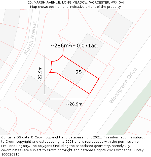 25, MARSH AVENUE, LONG MEADOW, WORCESTER, WR4 0HJ: Plot and title map