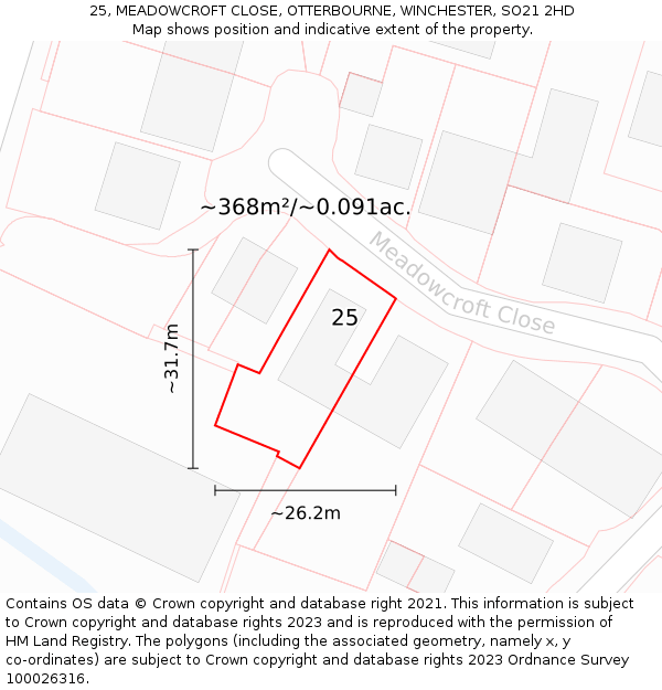 25, MEADOWCROFT CLOSE, OTTERBOURNE, WINCHESTER, SO21 2HD: Plot and title map