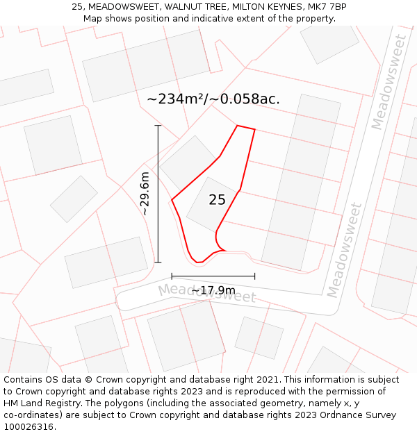 25, MEADOWSWEET, WALNUT TREE, MILTON KEYNES, MK7 7BP: Plot and title map