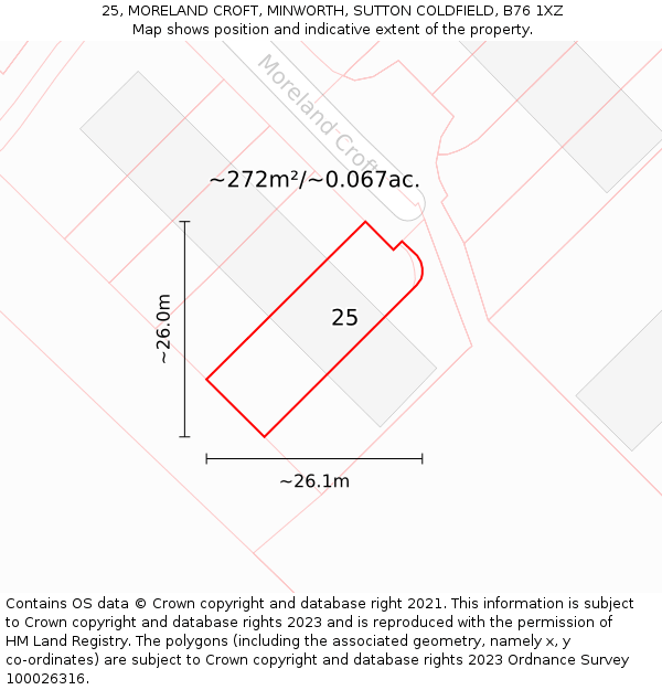 25, MORELAND CROFT, MINWORTH, SUTTON COLDFIELD, B76 1XZ: Plot and title map