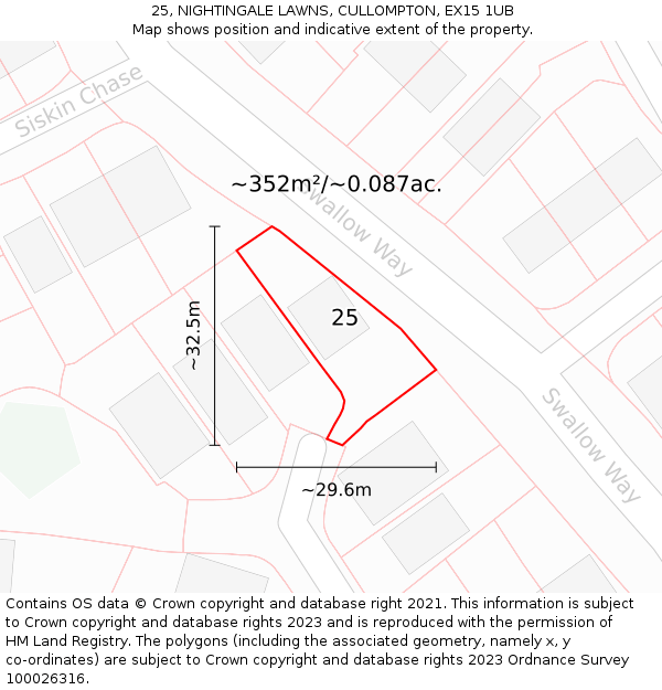 25, NIGHTINGALE LAWNS, CULLOMPTON, EX15 1UB: Plot and title map