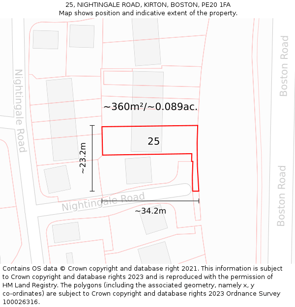 25, NIGHTINGALE ROAD, KIRTON, BOSTON, PE20 1FA: Plot and title map