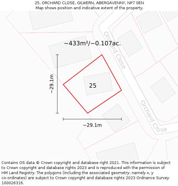 25, ORCHARD CLOSE, GILWERN, ABERGAVENNY, NP7 0EN: Plot and title map