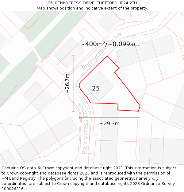 25, PENNYCRESS DRIVE, THETFORD, IP24 2TU: Plot and title map