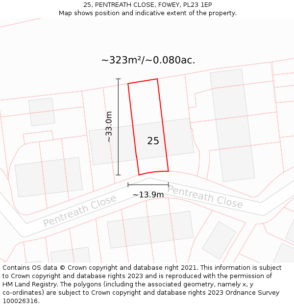 25, PENTREATH CLOSE, FOWEY, PL23 1EP: Plot and title map