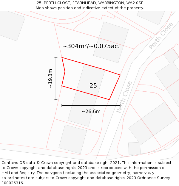 25, PERTH CLOSE, FEARNHEAD, WARRINGTON, WA2 0SF: Plot and title map