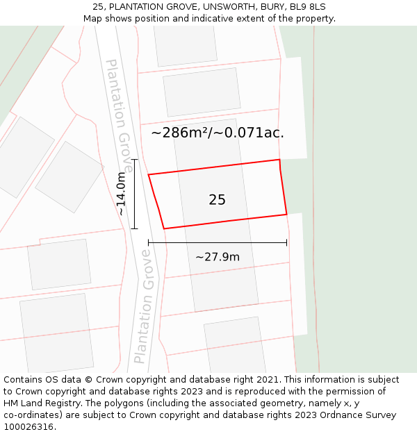 25, PLANTATION GROVE, UNSWORTH, BURY, BL9 8LS: Plot and title map