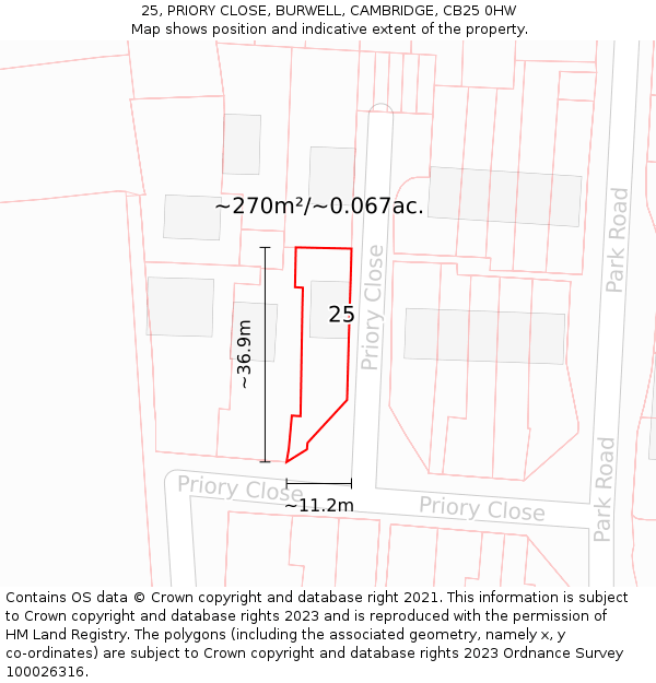 25, PRIORY CLOSE, BURWELL, CAMBRIDGE, CB25 0HW: Plot and title map