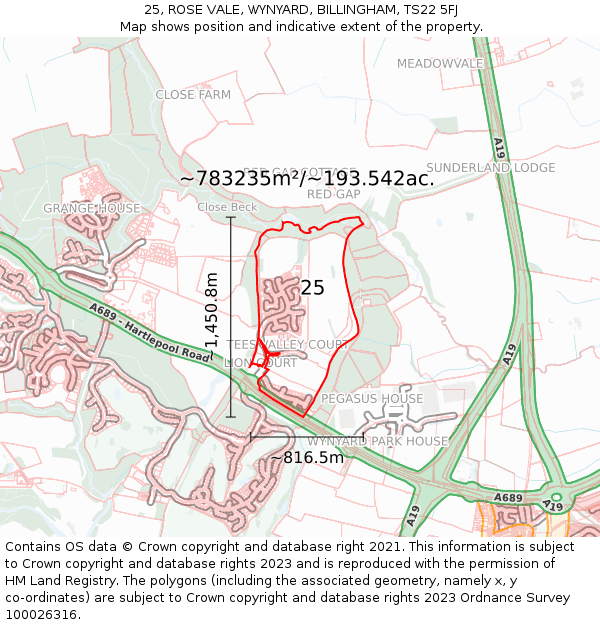 25, ROSE VALE, WYNYARD, BILLINGHAM, TS22 5FJ: Plot and title map