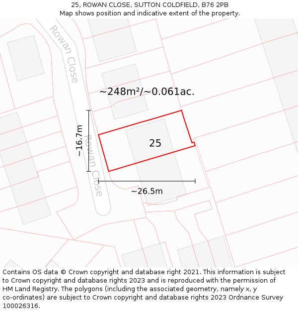 25, ROWAN CLOSE, SUTTON COLDFIELD, B76 2PB: Plot and title map