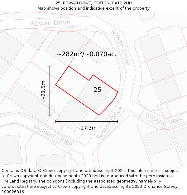 25, ROWAN DRIVE, SEATON, EX12 2UH: Plot and title map