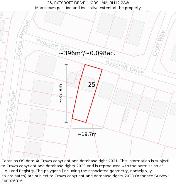 25, RYECROFT DRIVE, HORSHAM, RH12 2AW: Plot and title map