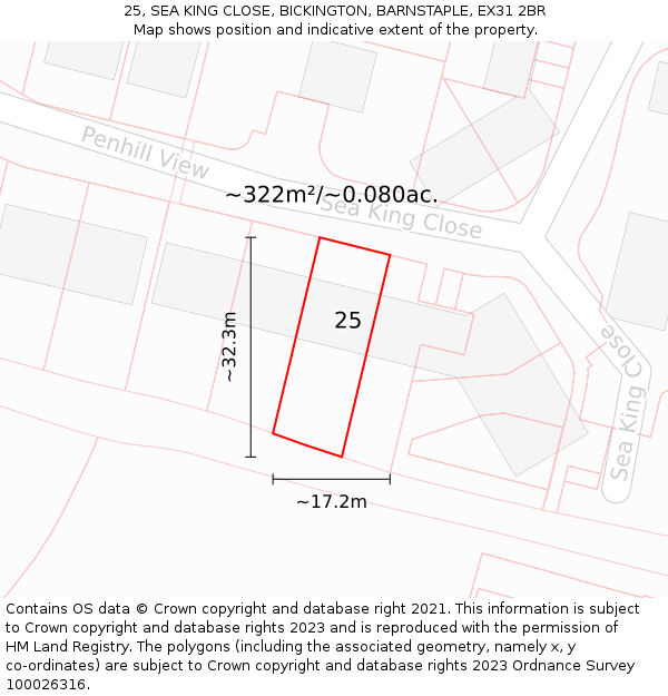 25, SEA KING CLOSE, BICKINGTON, BARNSTAPLE, EX31 2BR: Plot and title map