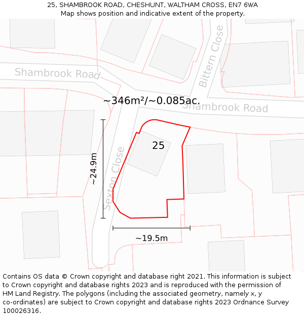 25, SHAMBROOK ROAD, CHESHUNT, WALTHAM CROSS, EN7 6WA: Plot and title map