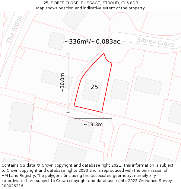 25, SIBREE CLOSE, BUSSAGE, STROUD, GL6 8DB: Plot and title map