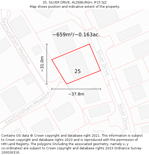 25, SILVER DRIVE, ALDEBURGH, IP15 5JZ: Plot and title map