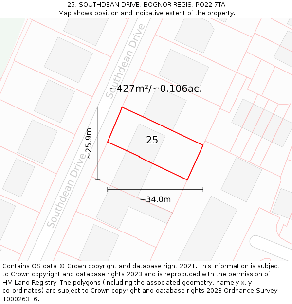25, SOUTHDEAN DRIVE, BOGNOR REGIS, PO22 7TA: Plot and title map