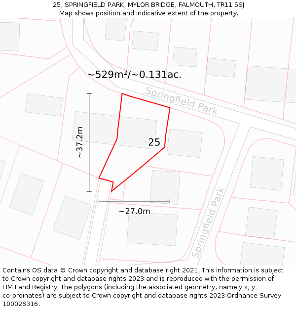 25, SPRINGFIELD PARK, MYLOR BRIDGE, FALMOUTH, TR11 5SJ: Plot and title map