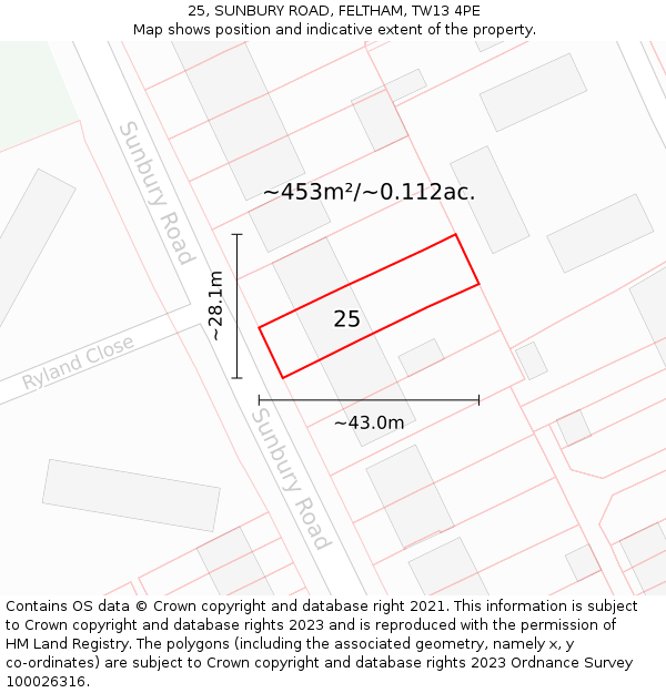 25, SUNBURY ROAD, FELTHAM, TW13 4PE: Plot and title map