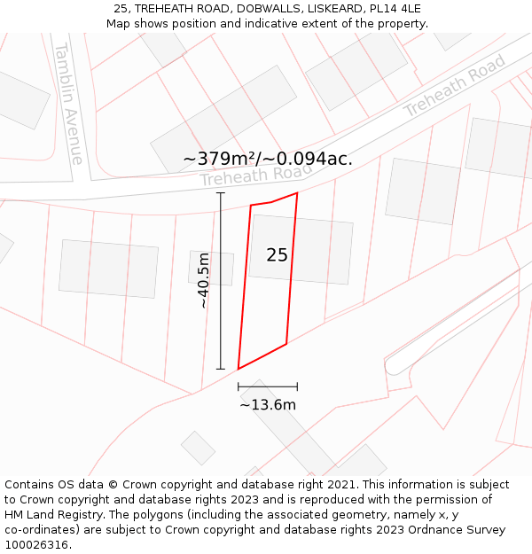 25, TREHEATH ROAD, DOBWALLS, LISKEARD, PL14 4LE: Plot and title map